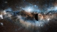 3d漫画星际边疆场景图，科幻风格的宇宙飞船与星云背景的3D渲染宏观场景